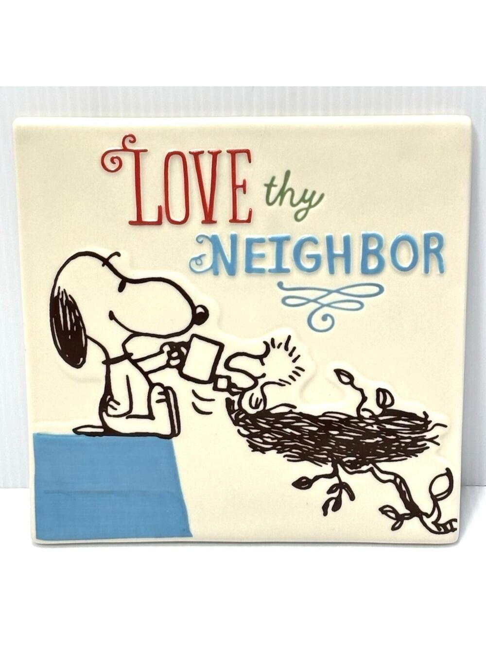 Hallmark Peanuts Snoopy Love Thy Neighbor Ceramic Tile Wall Plaque Sign